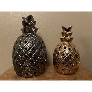 PINEAPPLE Ceramic Home Decor Set Of 2 Tropical Centerpiece Tabletop